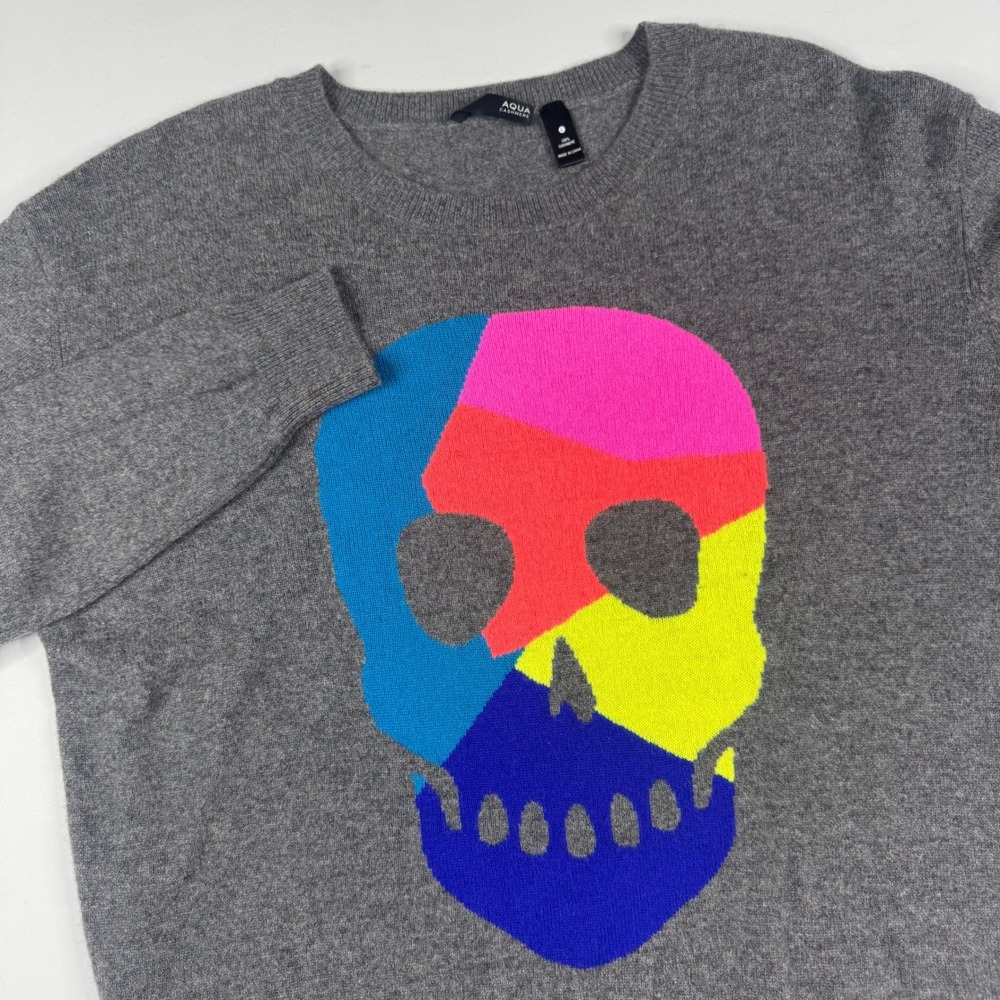 AQUA Cashmere Skull Sweater Women Size Large Gray Crewneck